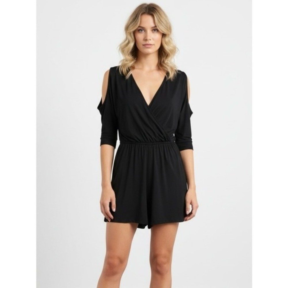 4/$40 Calvin Klein Elbow Cold-Shoulder Long Sleeve V-Neck Black Romper